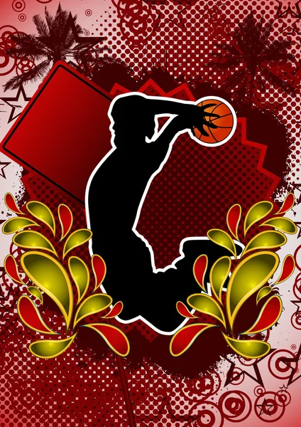 Estate disegno astratto sfondo con silhoue giocatore di basket — Vettoriale Stock