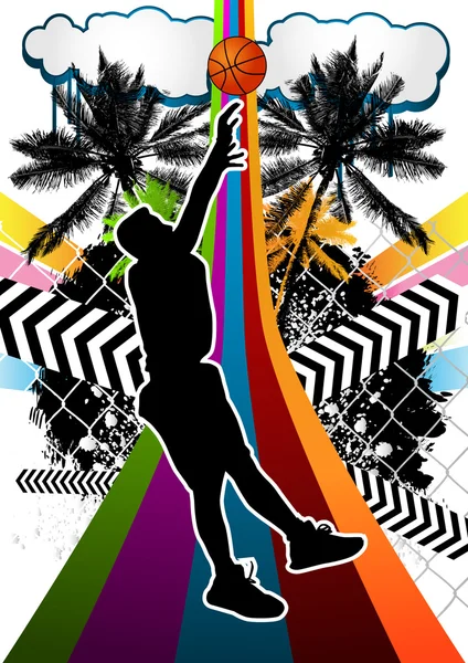 Καλοκαίρι αφηρημένο φόντο σχεδιασμό με silhoue παίκτης μπάσκετ — Διανυσματικό Αρχείο