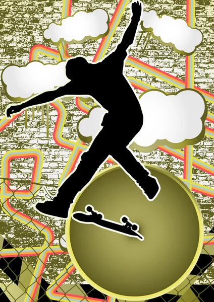 スケートボーダー戦士ガンダムシとビンテージ都市グランジ背景デザイン — ストックベクタ