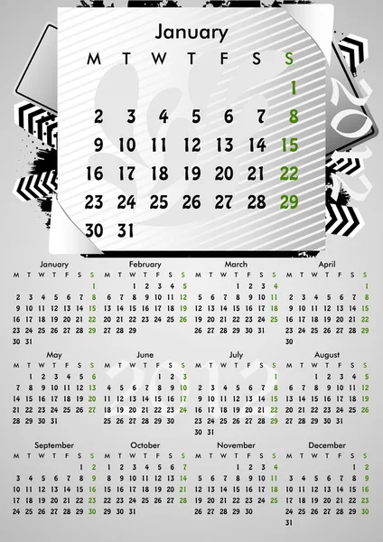 Calendrier A3 2012 pour 12 mois.Janvier . — Image vectorielle