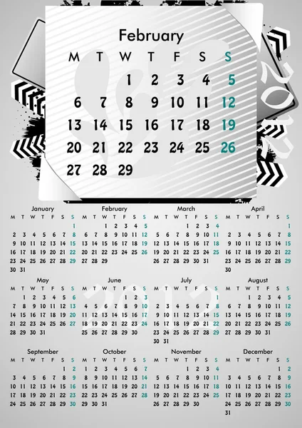 Calendario 2012 A3 per 12 mesi.Febbraio . — Vettoriale Stock