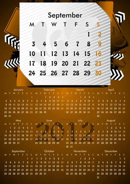 Calendrier A3 2012 pour 12 mois.Septembre . — Image vectorielle