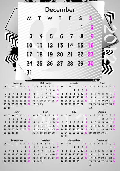 Calendrier A3 2012 pour 12 mois.Décembre . — Image vectorielle