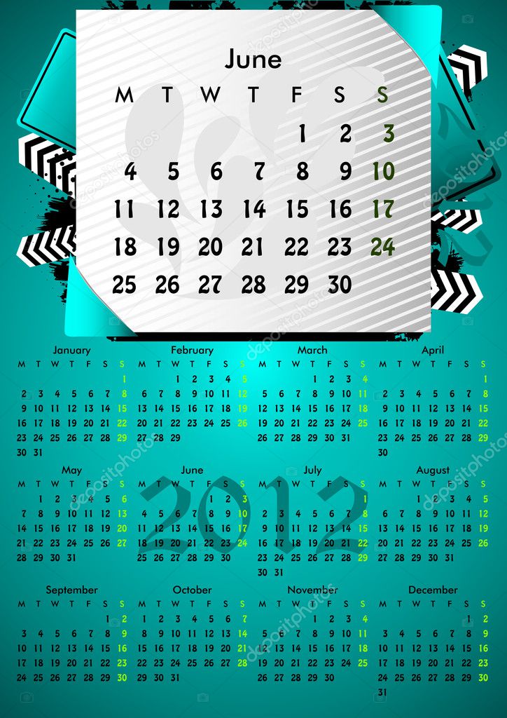 2012 A3 calendar for 12 months.June.