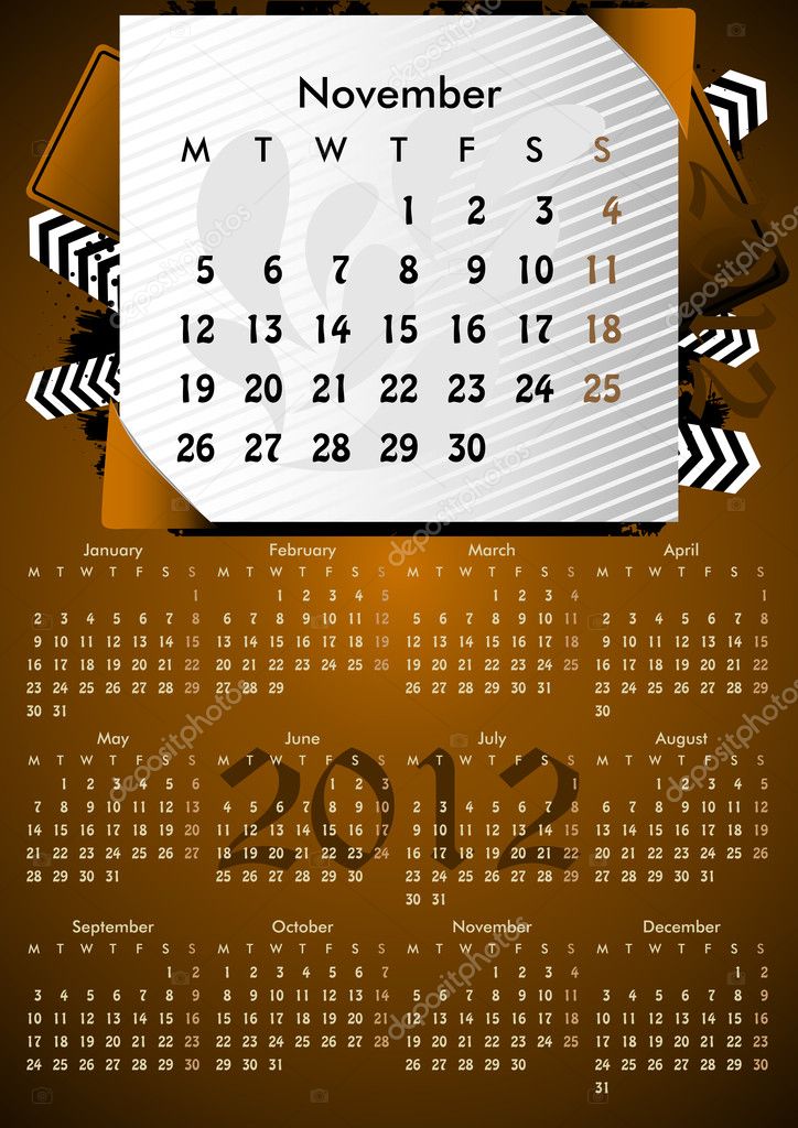 2012 A3 calendar for 12 months.November.