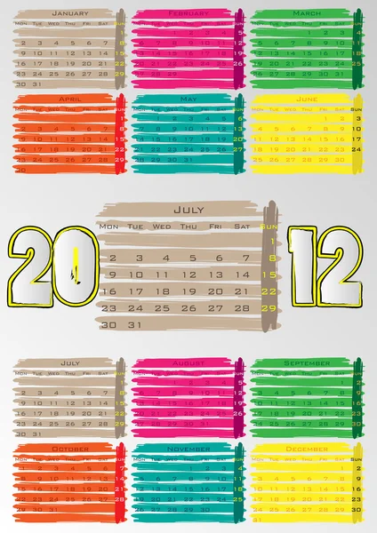 Календарь краски А3 на 2012 год на 12 месяцев. Июль . — стоковый вектор