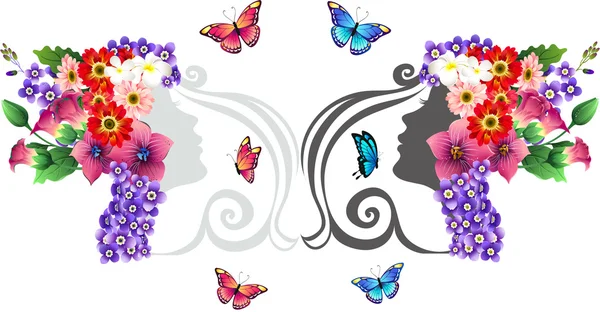 Женщины с цветами и бабочками — стоковое фото
