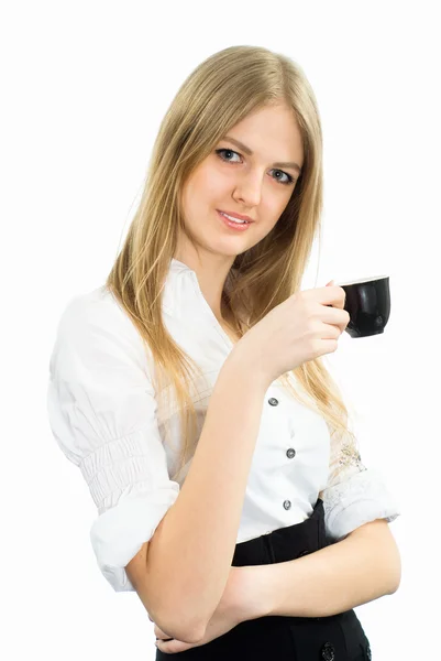 Söt affärskvinna med en svart kopp — Stockfoto