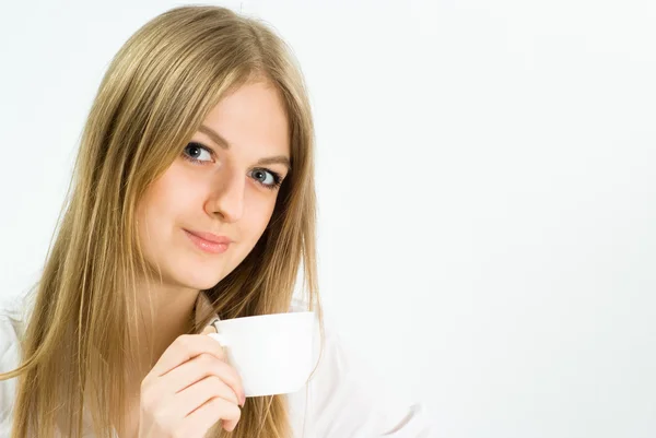 Pěkná dívka s bílou cup — Stock fotografie