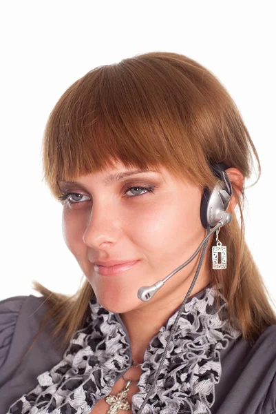 Pretty worker with microphone — Stock Photo, Image