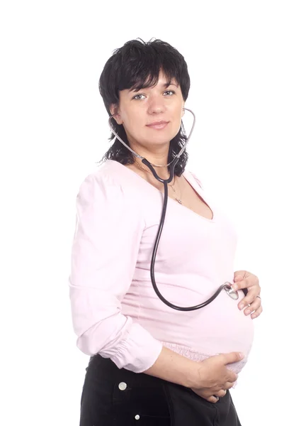Gravid med stetoskop — Stockfoto