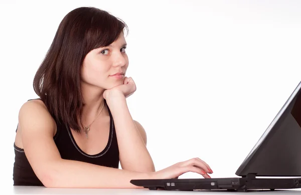 Girl works with laptop — Stock Photo, Image