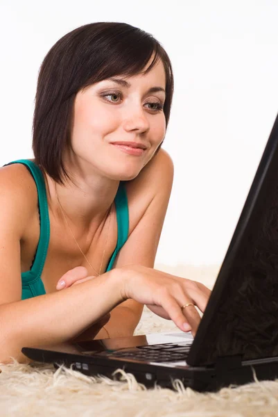 Girl with laptop and cup — Stock Photo, Image