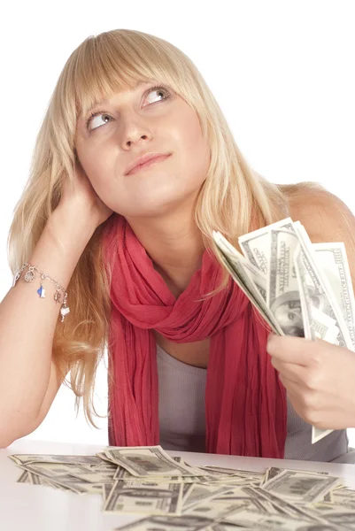 Gelukkig blonde met geld — Stockfoto