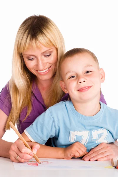 Figlio disegna con mamma — Foto Stock