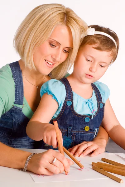 Mom and girl drawing — Stock Photo, Image