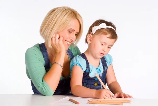 Mom and girl drawing — Stock Photo, Image