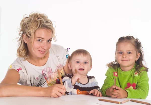 Mom and children draw — Stock Photo, Image