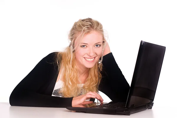 Girl with microphone and laptop — Stock Photo, Image