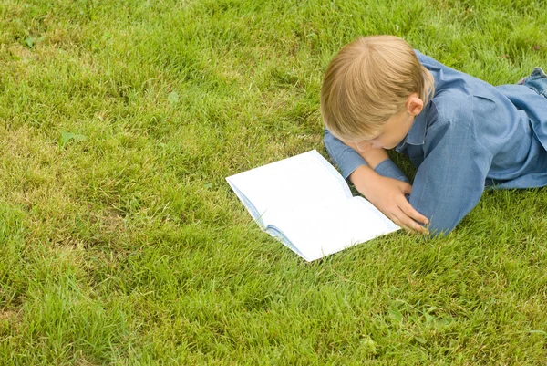 Niño con libro sobre hierba —  Fotos de Stock