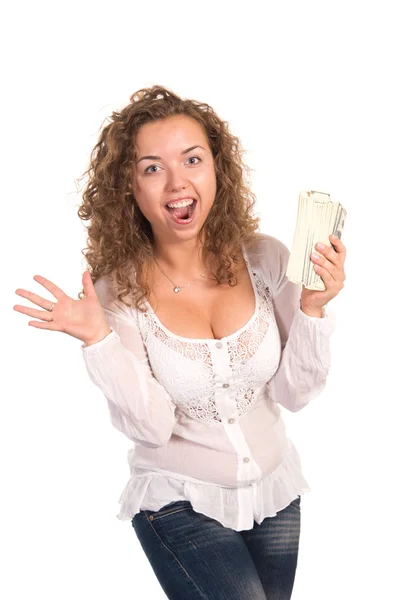 Счастливая девушка и деньги — стоковое фото
