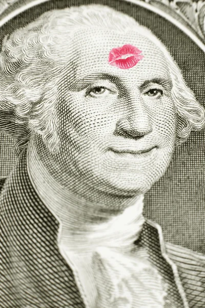 Lippenstift-Kuss auf einem Dollar-Schein — Stockfoto