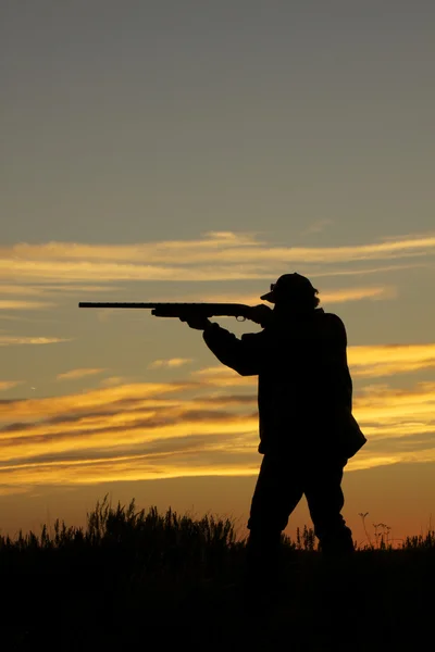 Jägare med hagelgevär i solnedgången — Stockfoto