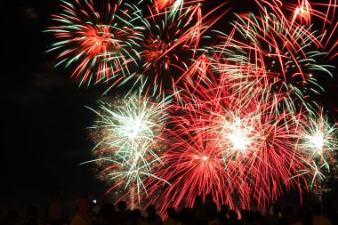 Fireworks with silhouettes of in the foreground clipart