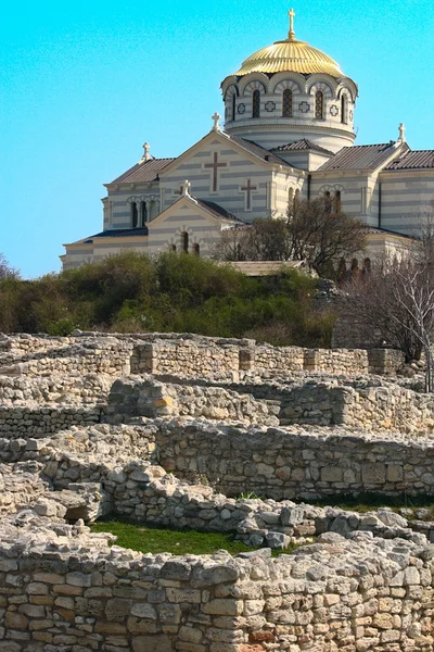 stock image Orthodox church and ruins of an ancient city