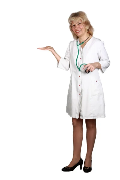 La mujer, el médico, cuesta y muestra la palma — Foto de Stock