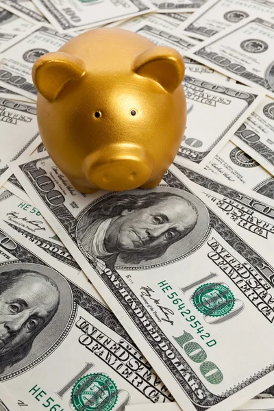 Banco porquinho e notas de cem dólares — Fotografia de Stock