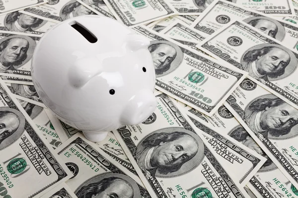 Piggy Bank and Hundred Dollar Bills — Stock Photo, Image