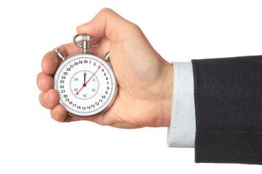 Man's hand holding stopwatch. clipart