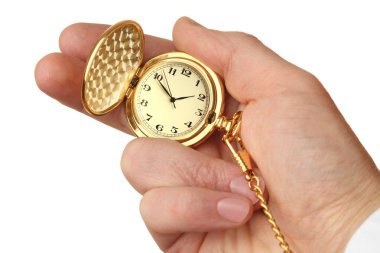 Golden pocket watch in a businessman's hand. clipart