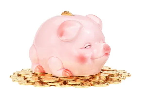 Banco piggy rosa em pilha de moedas . — Fotografia de Stock
