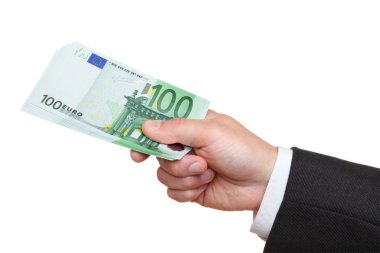 Hand of businessman holding one hundred euro banknotes. clipart