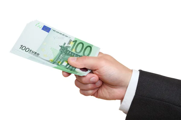 Hand of businessman holding one hundred euro banknotes. — Stock Photo, Image
