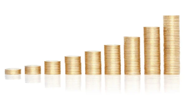 Stacks of golden coins in growing chart. — Stock Photo, Image