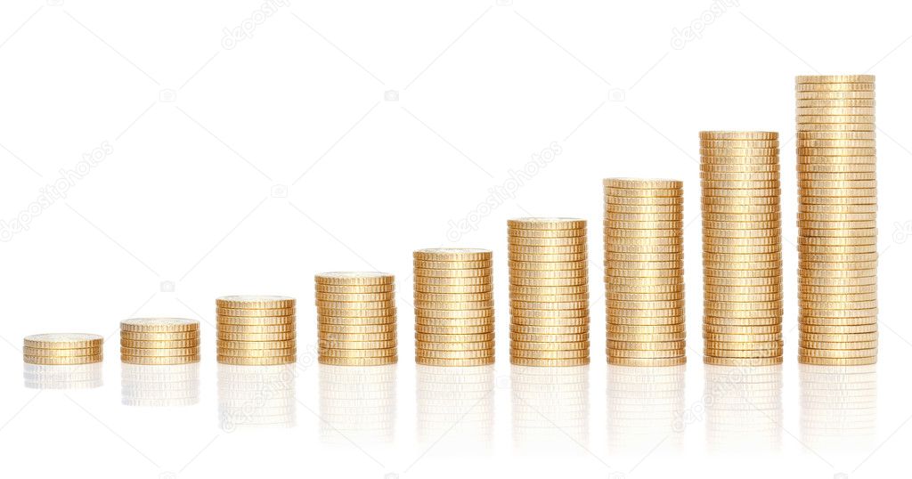Stacks of golden coins in growing chart.