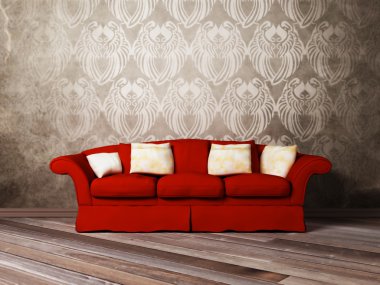 Modern interior design of living room with a red sofa clipart