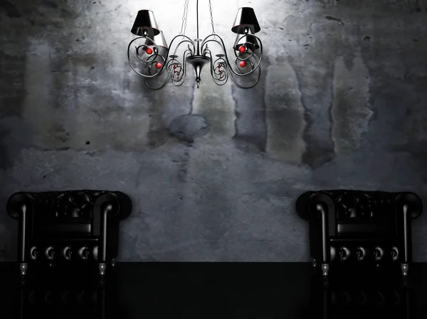 两个扶手椅和一个肮脏的背景上的水晶吊灯 — 图库照片