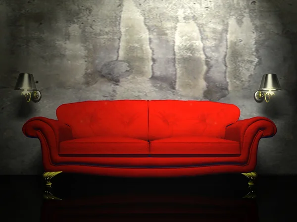 Ein rotes Sofa und die beiden Wandleuchten — Stockfoto