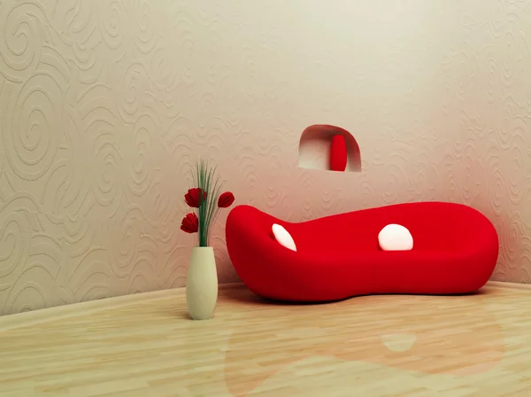 Modern inredning med en röd soffa — Stockfoto