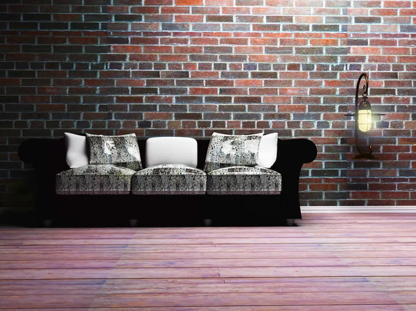 A modern belső térrel, egy kanapéval és egy lámpa — Stock Fotó
