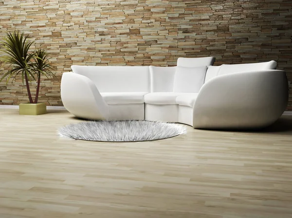 Un moderno interior con un sofá, una alfombra y una planta —  Fotos de Stock