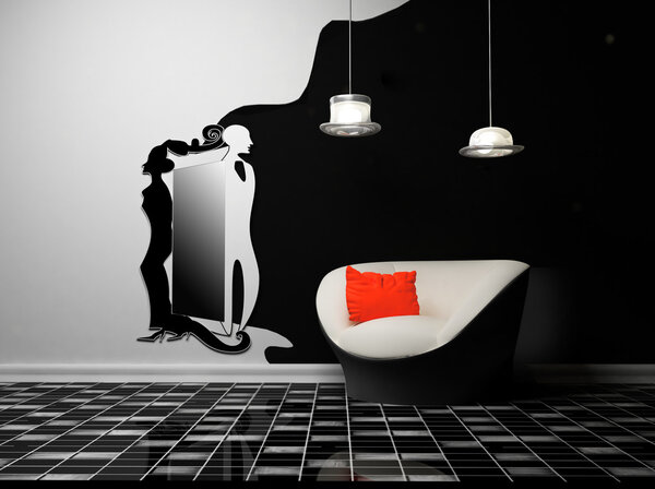 Современный интерьер с креслом и зеркалом
