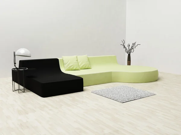 Un moderno interior con un sofá y una alfombra y un jarrón —  Fotos de Stock
