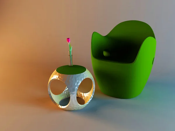 Uma poltrona e uma mesa com um vaso — Fotografia de Stock