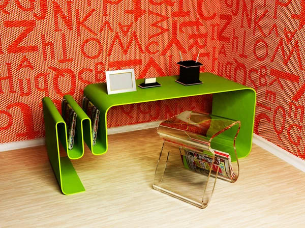 Un intérieur moderne avec une chaise en verre et une table — Photo