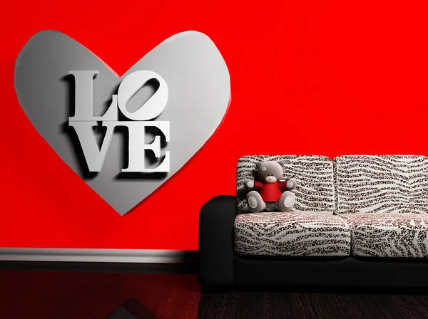 Interno romantico con un cuore e un divano — Foto Stock